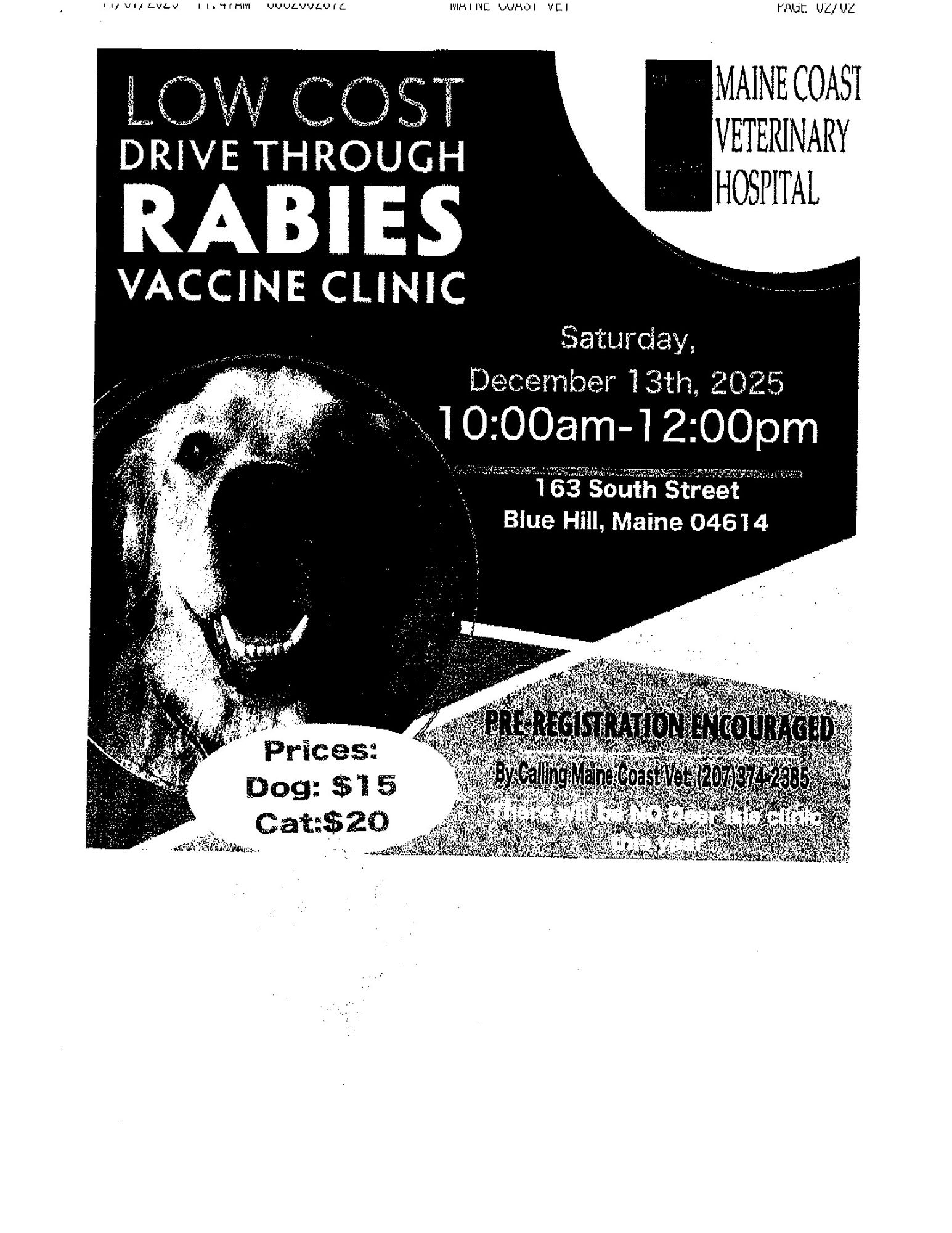 Low Cost rabies clinic at Maine Coast Vet Hospital Poster for rabies clinic